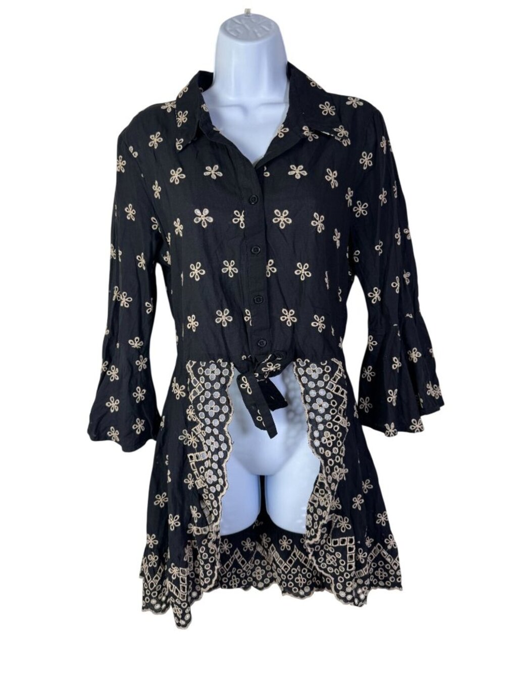 Venus Size 10 Black Floral Eyelet Embroidered Button-Up Tunic Bell Sleeves Tie W